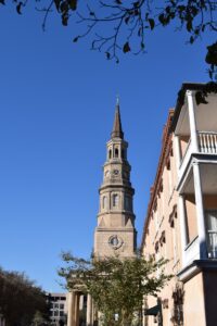View of a church steeple in downtown Charleston